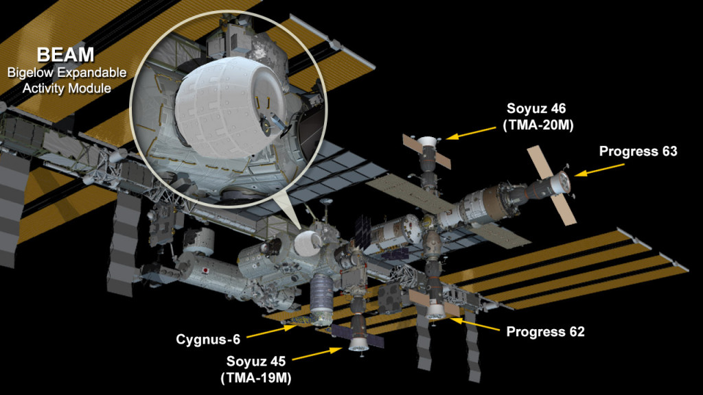 The space station now hosts the new fully expanded and pressurized Bigelow Expandable Activity Module attached to the Tranquility module. Credit: NASA