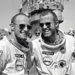 U.S. astronauts Gordon Cooper (right) and Pete Conrad celebrate after returning from the Gemini 5 mission in 1965.