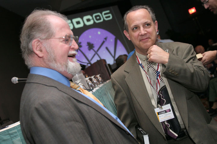 Science Fiction Author Larry Niven (left) with attendee at 2006 International Space Development Conference