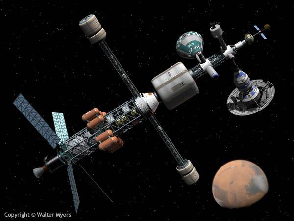 A manned Mars cycler space station approaches the planet Mars
